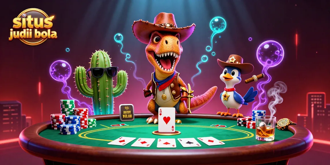 Experience situs judi bola excitement with a vibrant 3D poker scene featuring a cowboy dinosaur and friends.