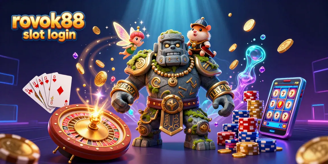 Experience the thrill of rokok88 slot login with a magical casino adventure featuring a golem guardian and a brave hamster knight.