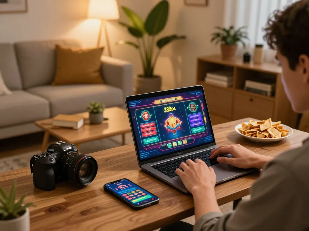 Engaged player exploring 388bet online casino gaming on a laptop, reflecting strategic betting choices.