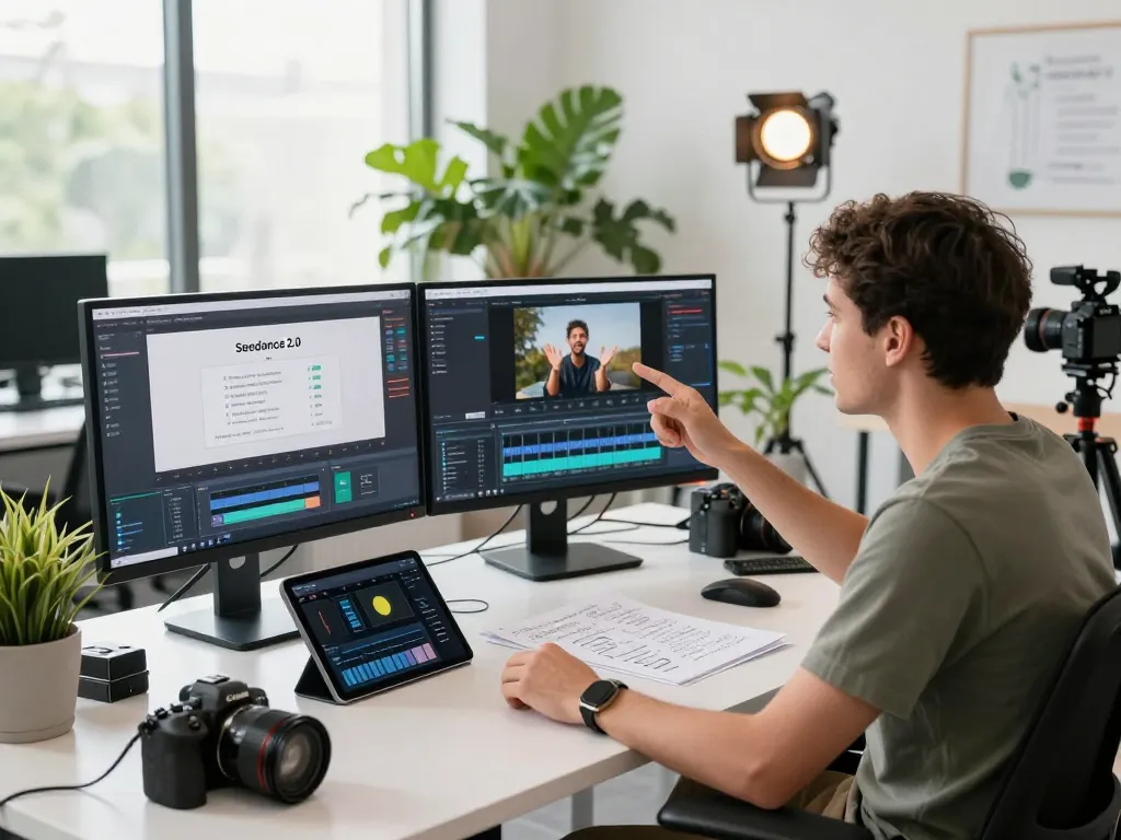Creator demonstrating seedance 2.0 in a modern office, showcasing AI video production tools.