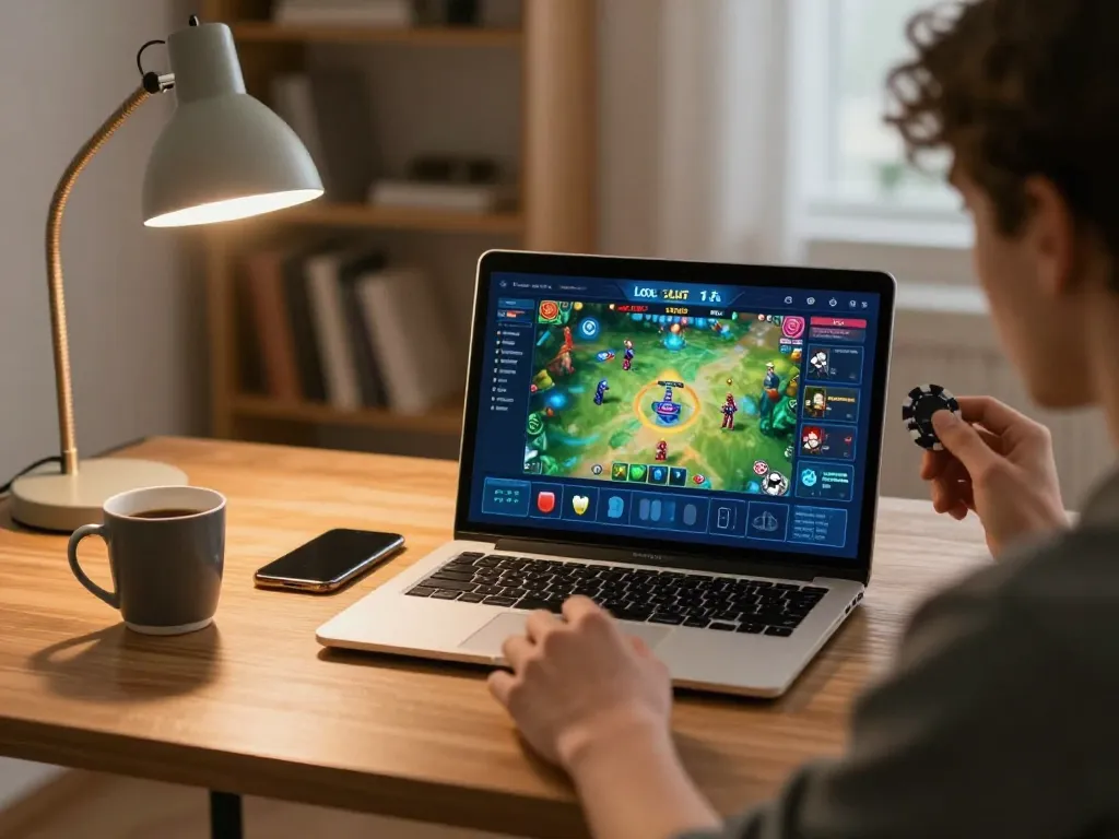 Engaging in the link slot game on a laptop with a cozy home setup.