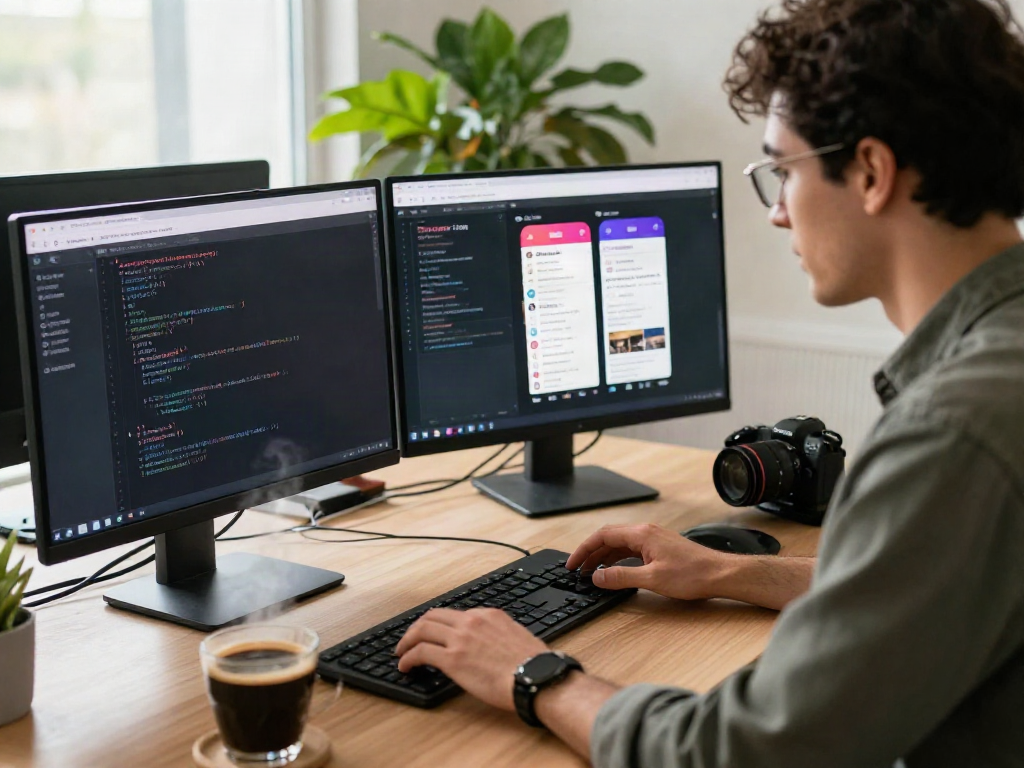Person using insanony tool to view Instagram stories in a modern workspace.