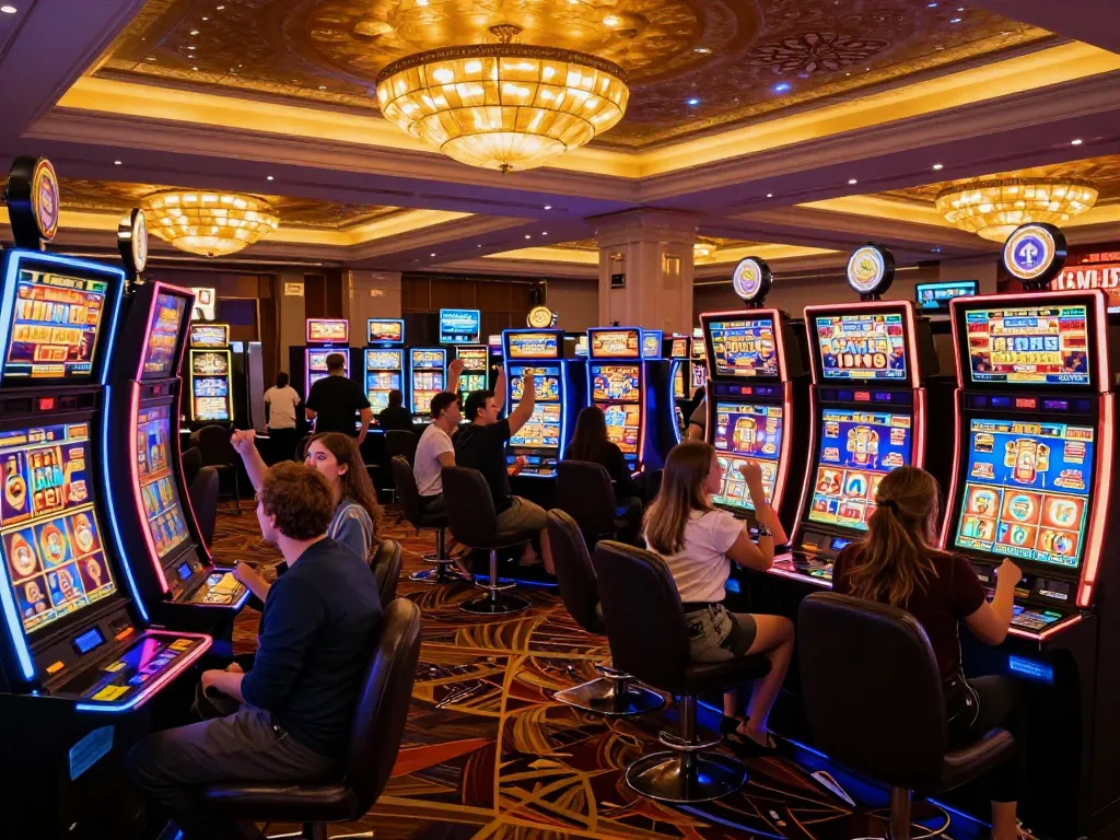 Players enjoying the thrill of gaming at vibrant casino slots, capturing the excitement of m105.
