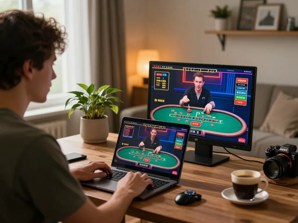 Player enjoying a thrilling manclub online blackjack game with engaging interface and cozy ambiance.