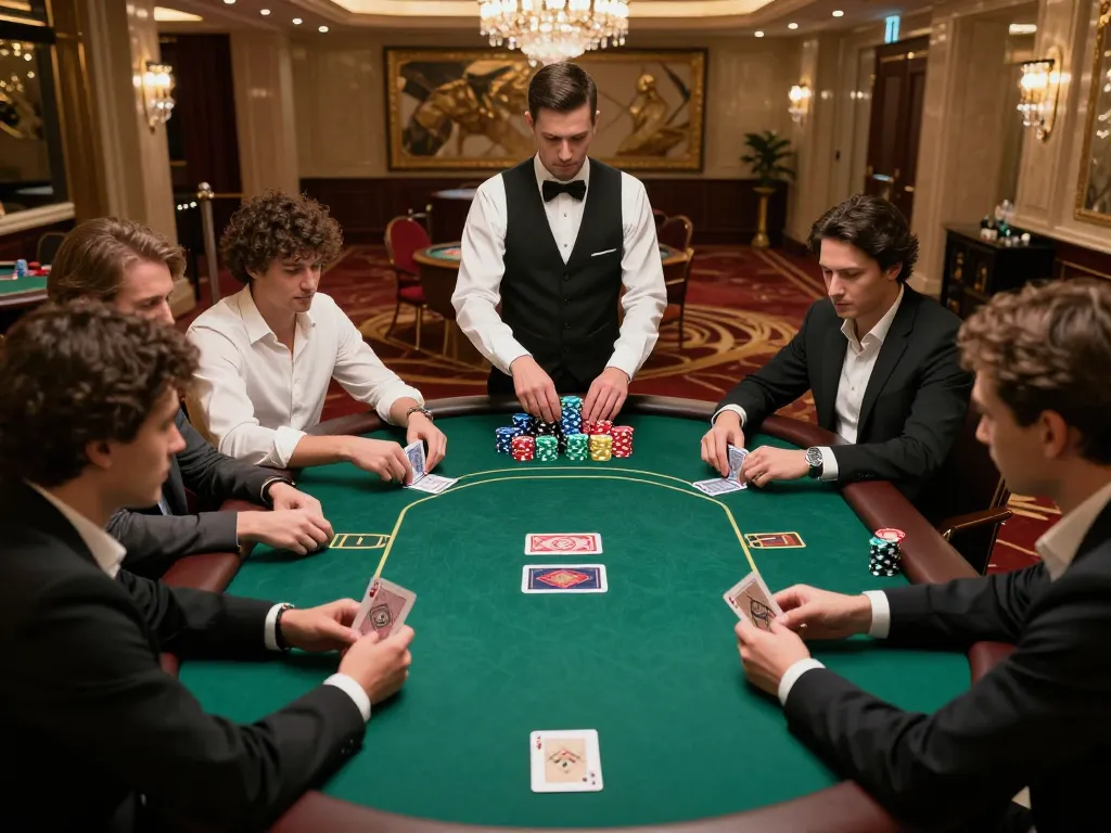 Pemain merencanakan strategi di meja poker alexis500 di kasino mewah, menangkap kegembiraan permainan yang dinamis.