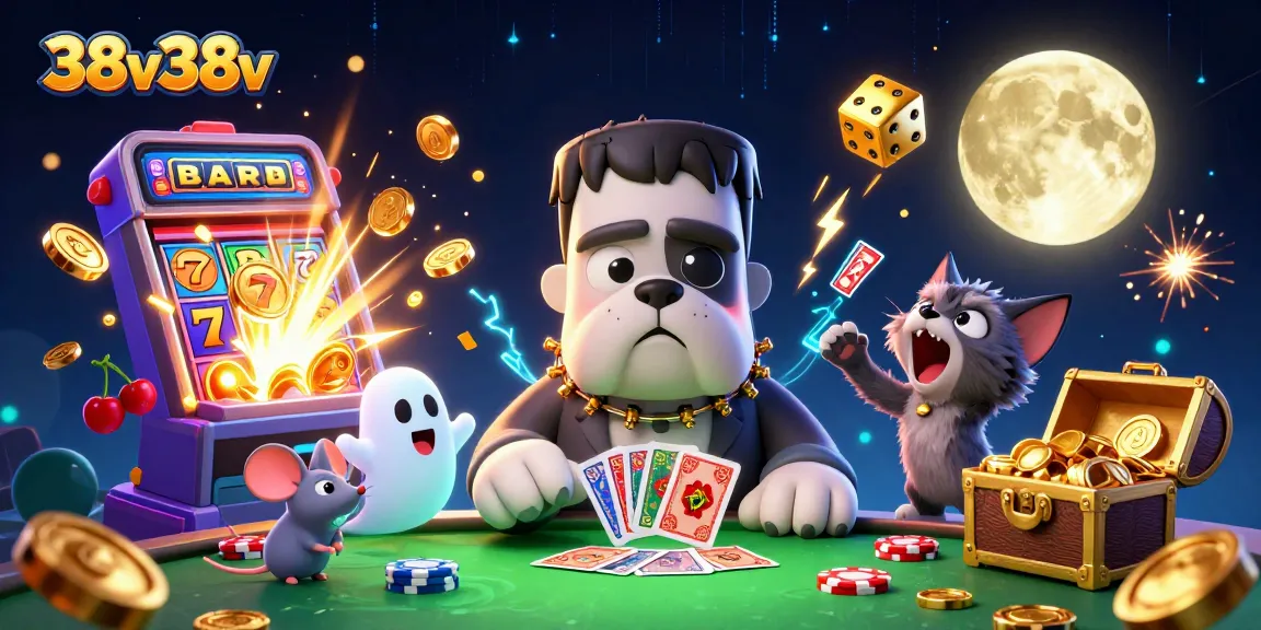 O bulldog Frankenstein da 38v38v joga cartas em uma mesa de caça-níqueis iluminada, cercado por diversão.