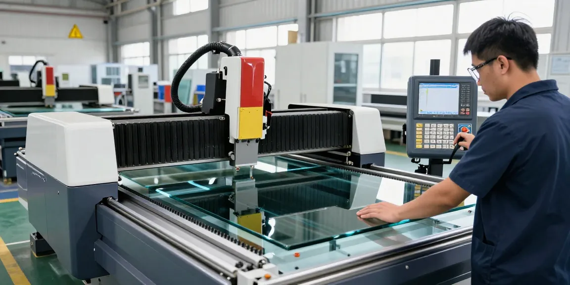 CNC glass cutting machine operated by a technician in a modern workshop, showcasing precision cutting.