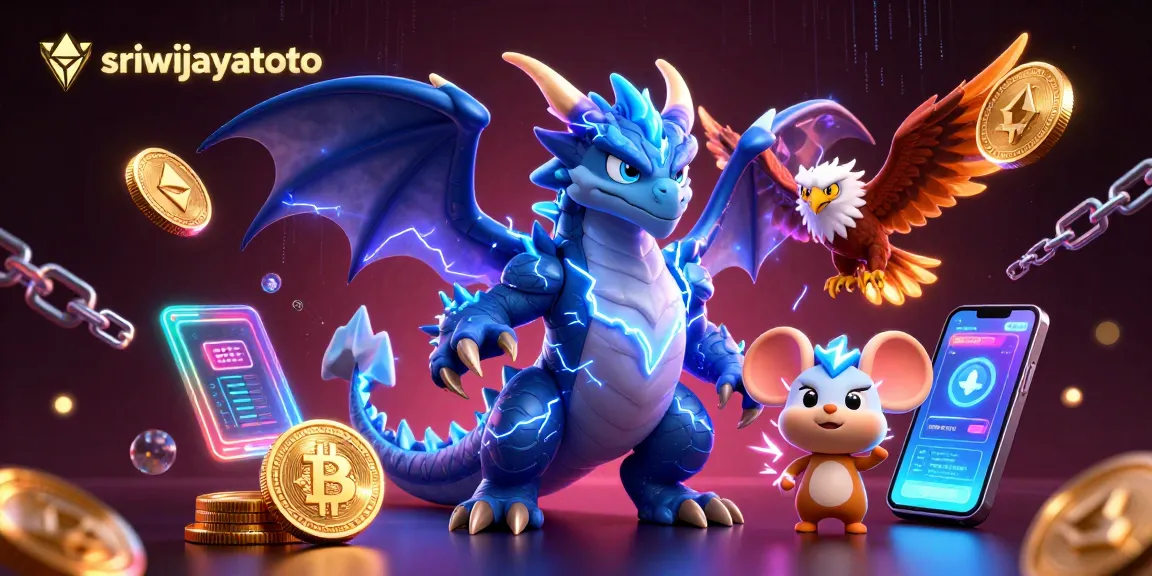 Engage with sriwijayatoto in a vibrant 3D casino illustration featuring electric energy and cryptocurrency elements.