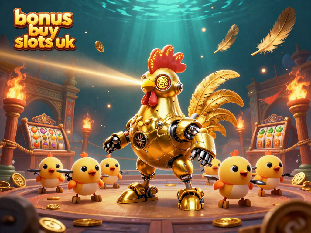 Experience thrilling action in bonus buy slots uk with a golden rooster robot directing baby chick drones amidst jackpot symbols and flames.