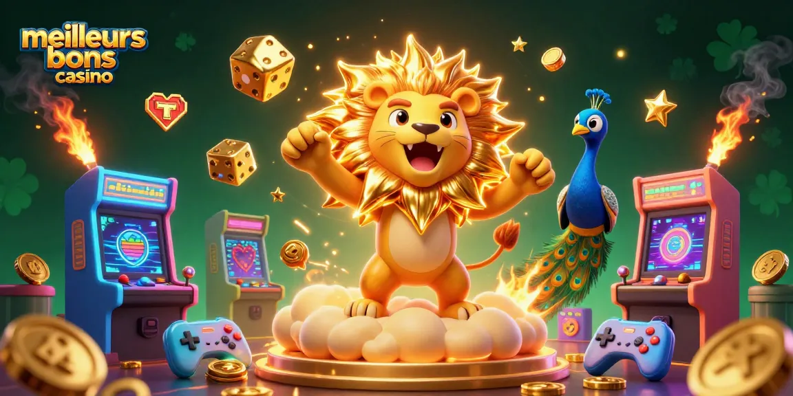 Profitez des meilleurs bonus casino avec un lion radieux et des dés dorés, entourés de machines de jeux animées.