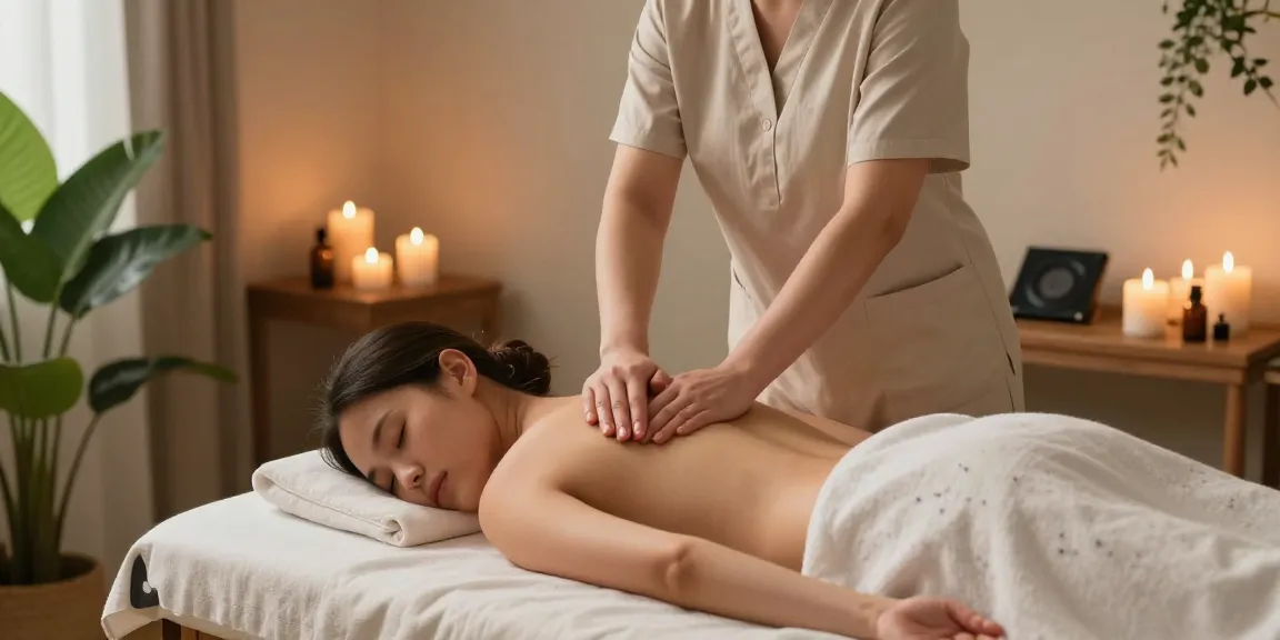 Swedish massage therapy session in a tranquil environment with candles and plants.