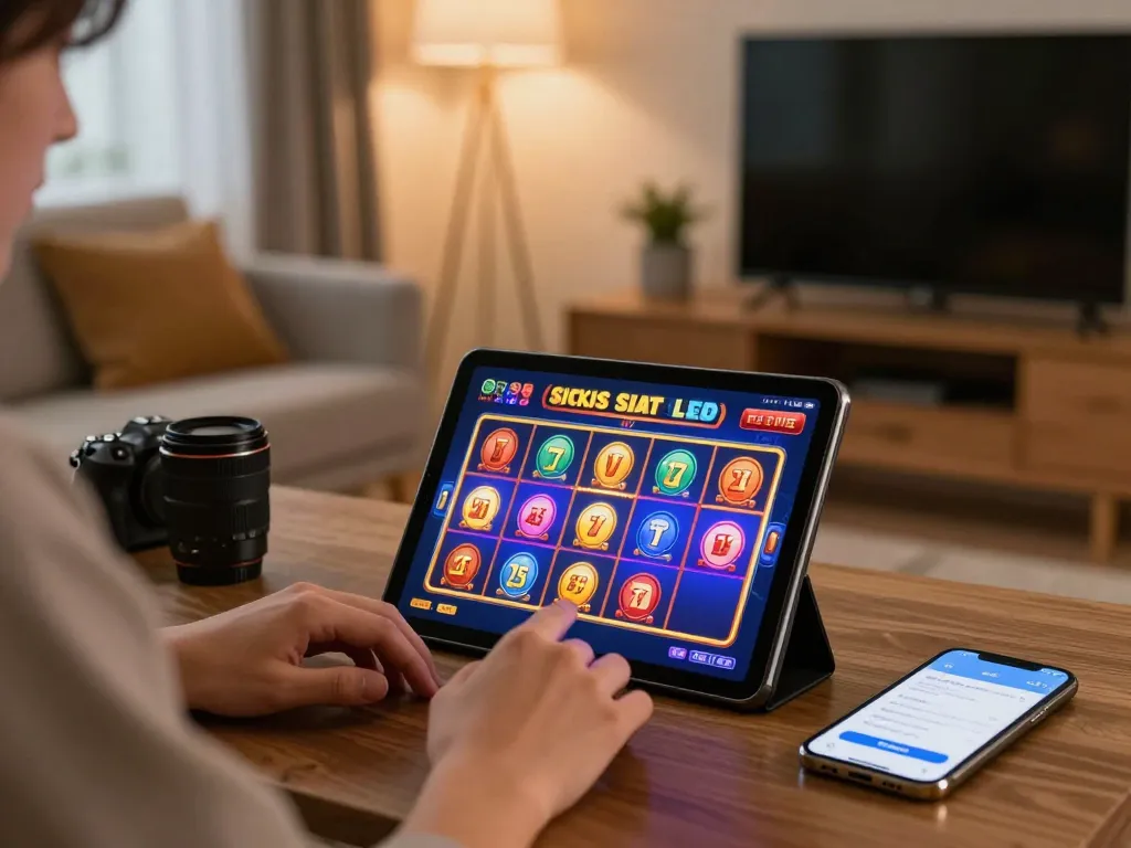 Engaged player enjoying situs slot games on a tablet in a cozy home setting.