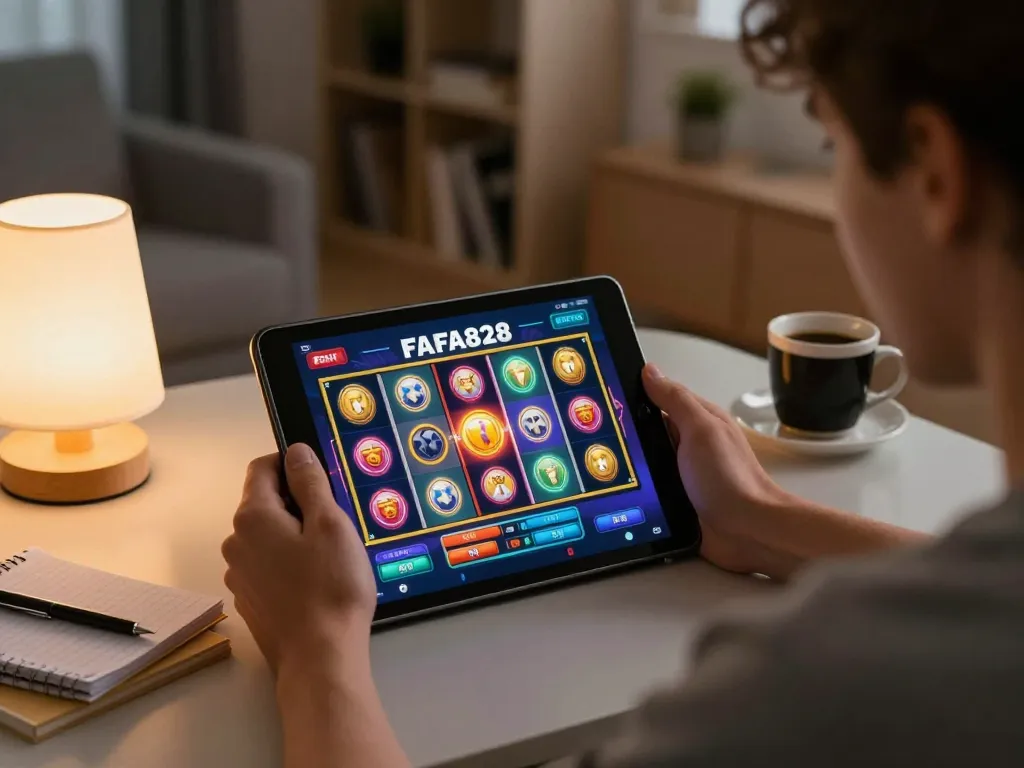 FAFA828 player enjoying online slots at home in a cozy setting with strategic notes.