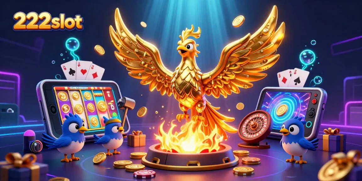 Permainan slot 222slot yang menarik dengan phoenix emas dan elemen casino lainnya.