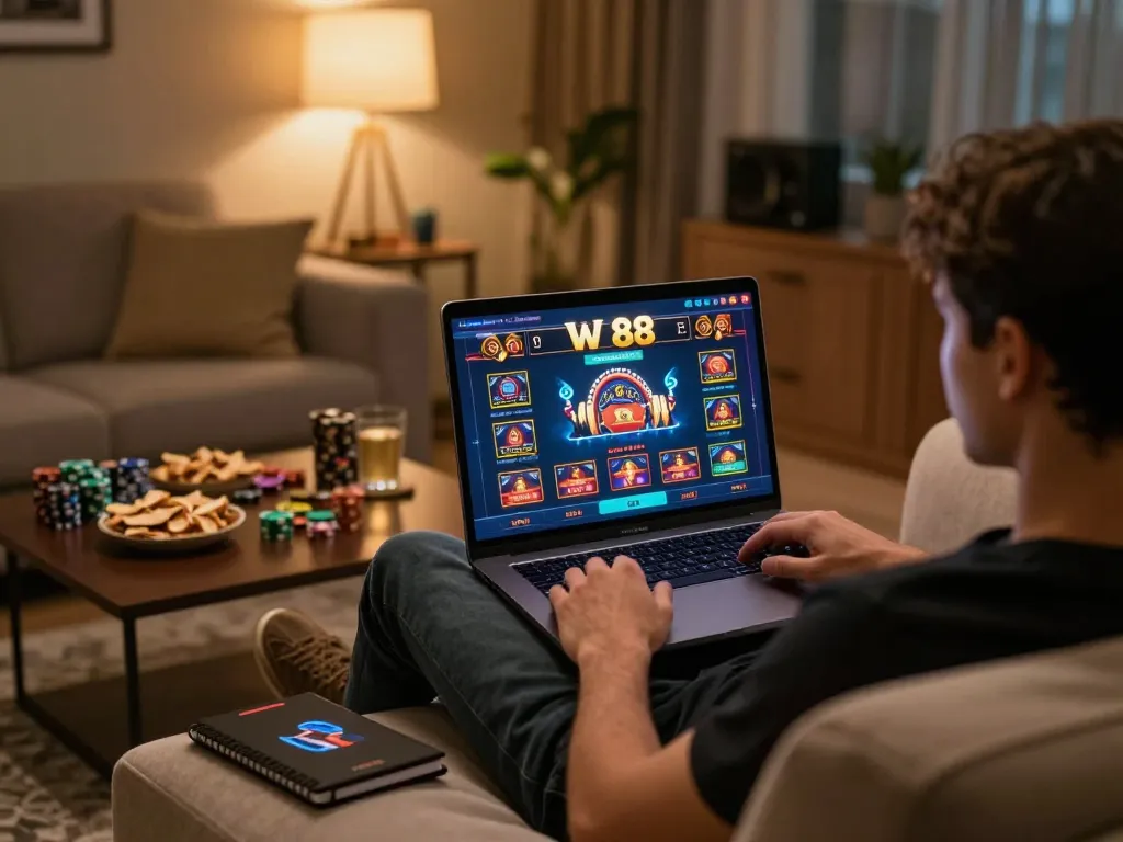 Engaging online casino gameplay on W 88, showcasing a player enjoying a strategic session on their laptop in a cozy home setting.