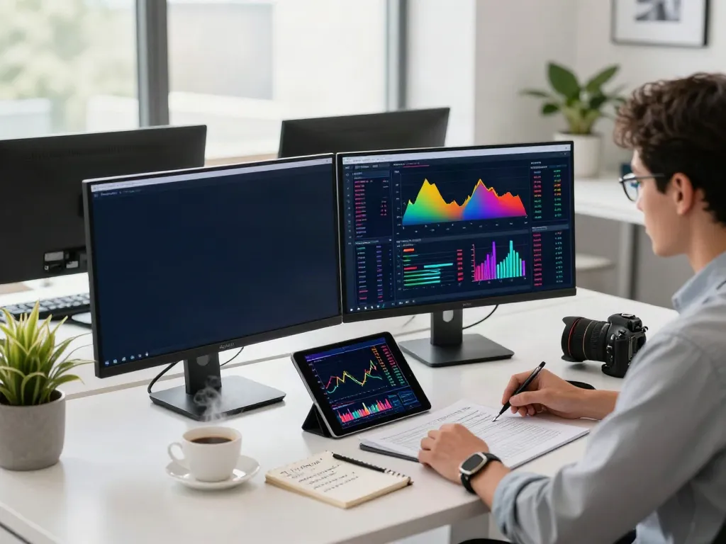 Analyst using FintechZoom.com for financial research in a modern office.