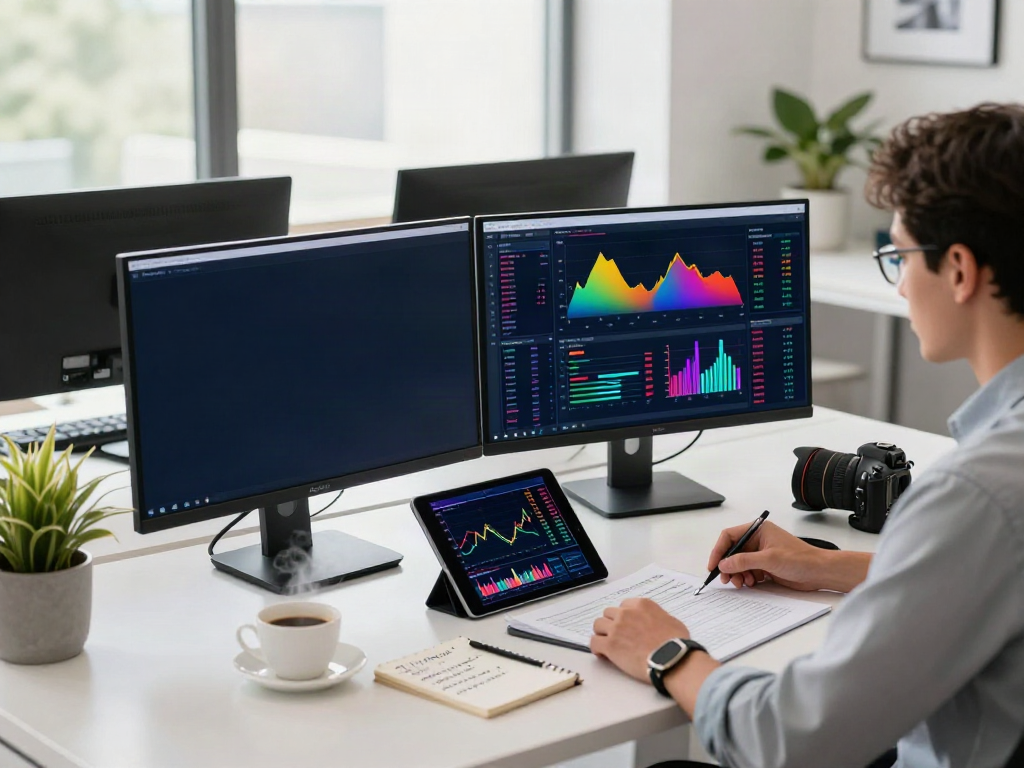 Analyst using FintechZoom.com for financial research in a modern office.