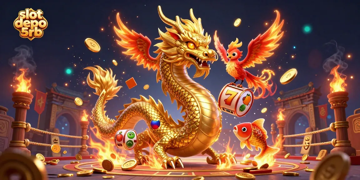 Experience the thrill of winning at slot depo 5rb with a vibrant dragon, phoenix, and koi fish amidst dynamic casino elements.