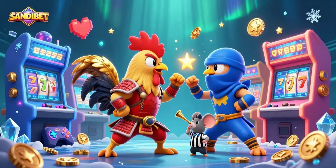 Engage with SANDIBET's thrilling gaming action featuring dynamic casino elements and fighting roosters.