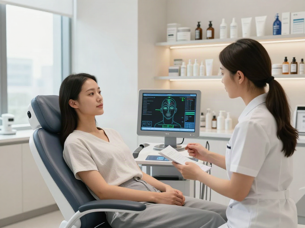 Young woman receiving a facial analysis during ClinicEvo vs QOVES comparison, showcasing technology and skincare.