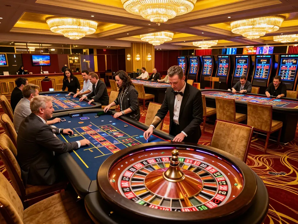 SUNWIN players placing bets at an upscale roulette table in a vibrant casino atmosphere.