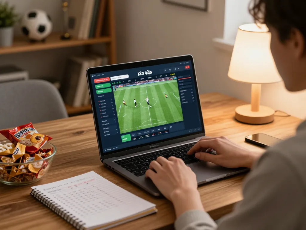 Kèo nhà cái interface displayed on a laptop during casual sports betting at home, emphasizing responsible gaming strategy.