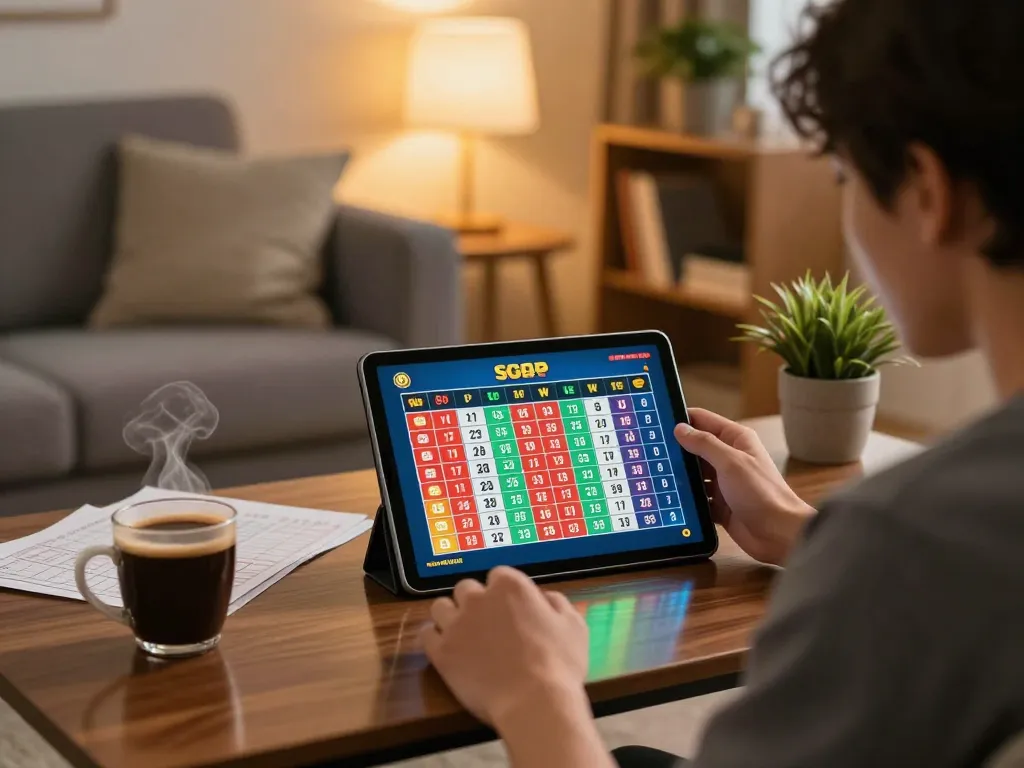 Engaged user on DEWALIVE platform checking live SGP results on a tablet in a cozy living space.