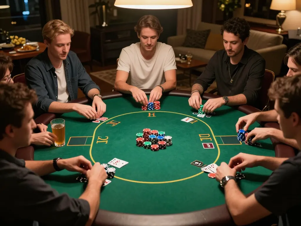 Players strategizing at a poker table during a home game, showcasing the excitement of gambling at keonhacaii88.
