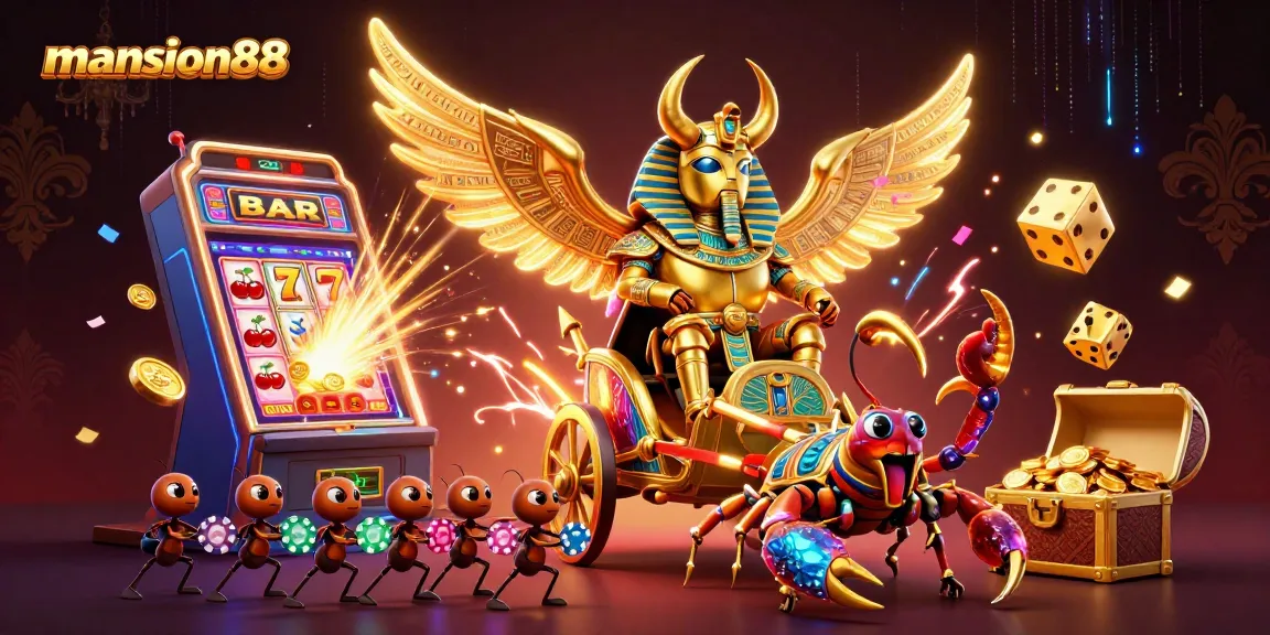 Win big with mansion88 in a vibrant colorful casino scene with exciting gambling elements.