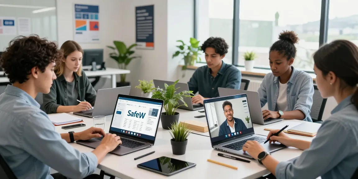 使用SafeW进行安全交流的团队在现代办公室中视频会议，展示了高效协作。