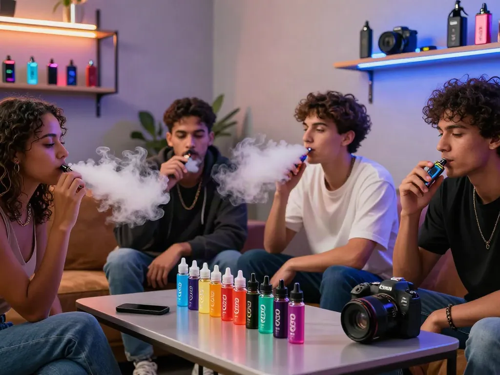 Nicotine salt vape experience in a vibrant vapor lounge with friends enjoying flavorful e-liquids.