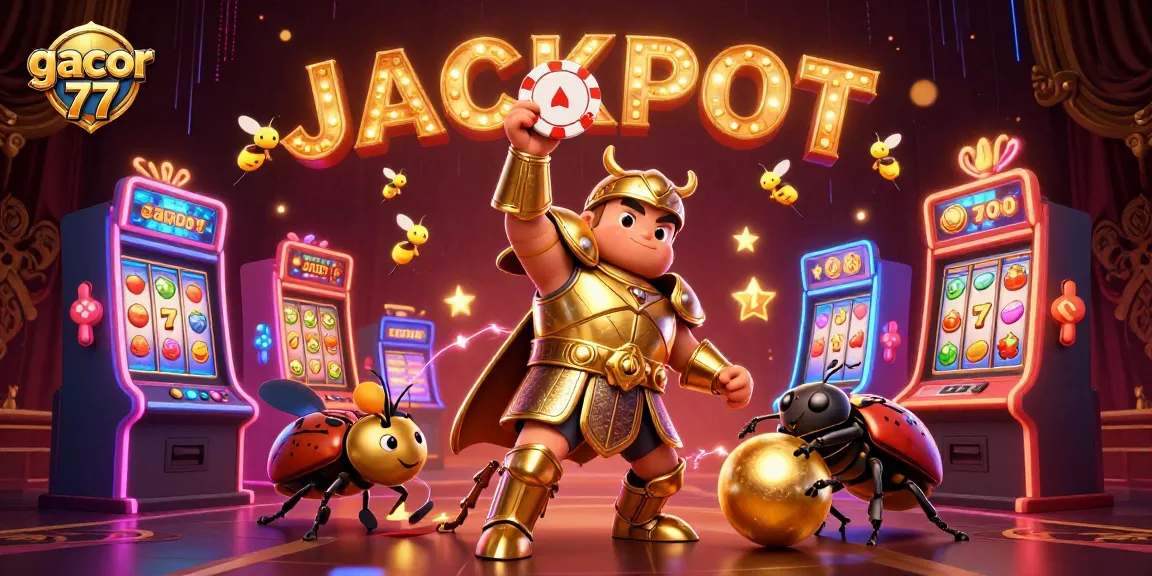 Gulungan slot yang berputar dan simbol keberuntungan dalam gambaran Gacor 77 yang penuh warna.