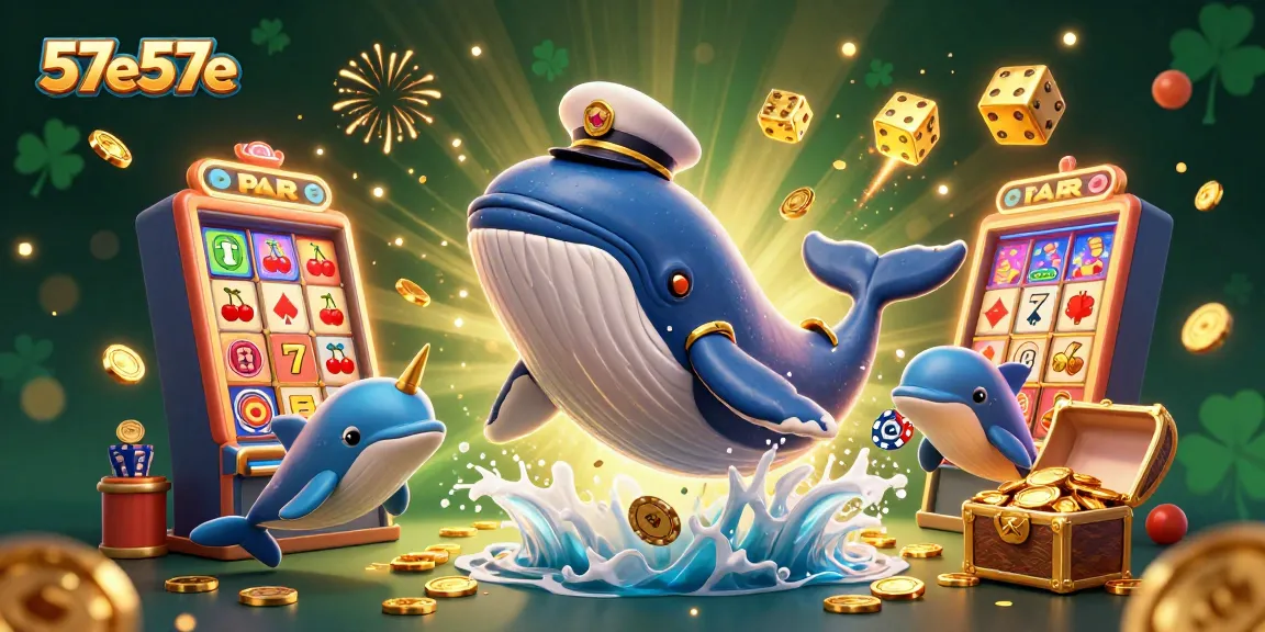 Play exciting casino games with 57e57e's captivating illustration of whales, poker chips, and slot machines.