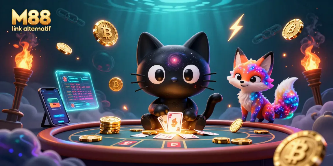 Experience thrilling gameplay with M88 link alternatif surrounded by vibrant 3D casino elements and crypto coins.