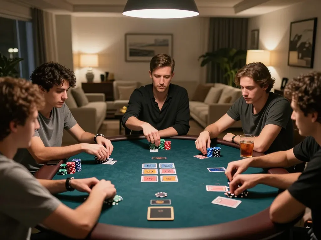 Engaged players at a home poker night showcasing strategic gameplay in a casino senza licenza aams atmosphere