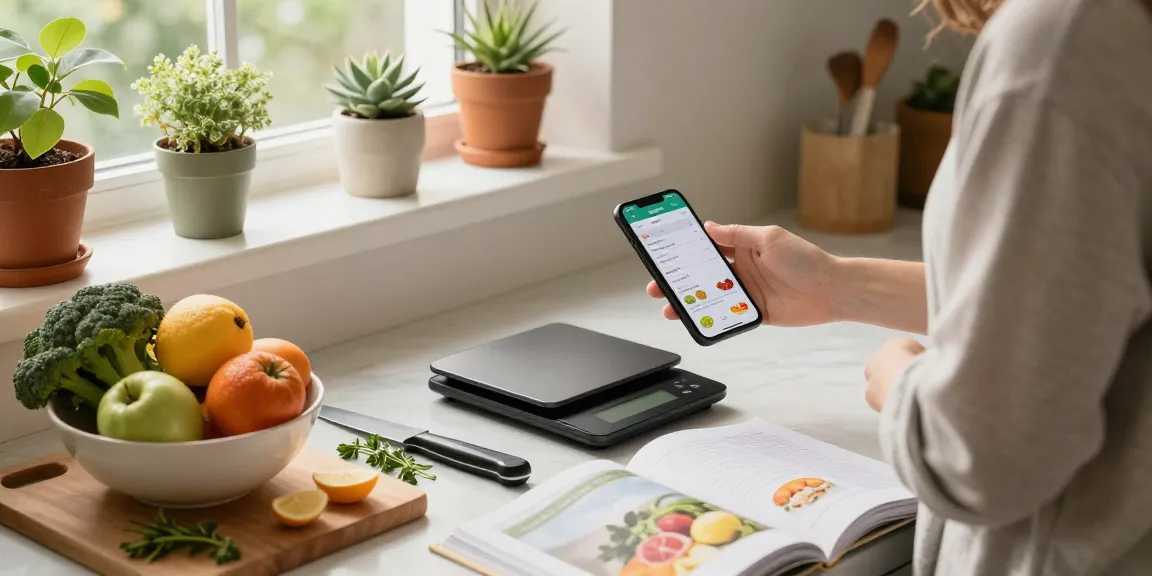 Discover the best food tracking app while logging fresh ingredients in a sunny kitchen.