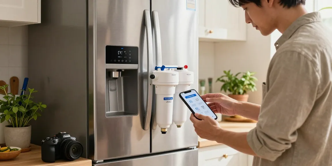 Homeowner installing the Maxblue EDR3RXD1 Replacement for 4396841 water filter in a bright kitchen.