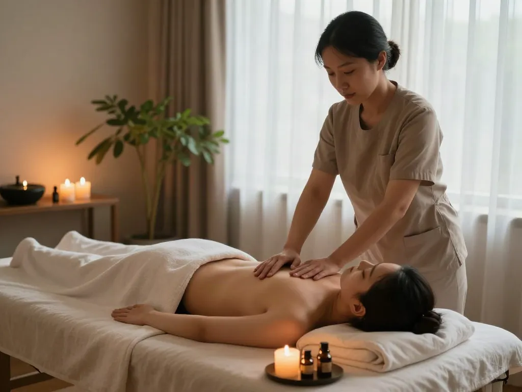 Professional therapist delivering a relaxing 발산출장마사지 in a serene wellness room environment, enhancing the massage experience.