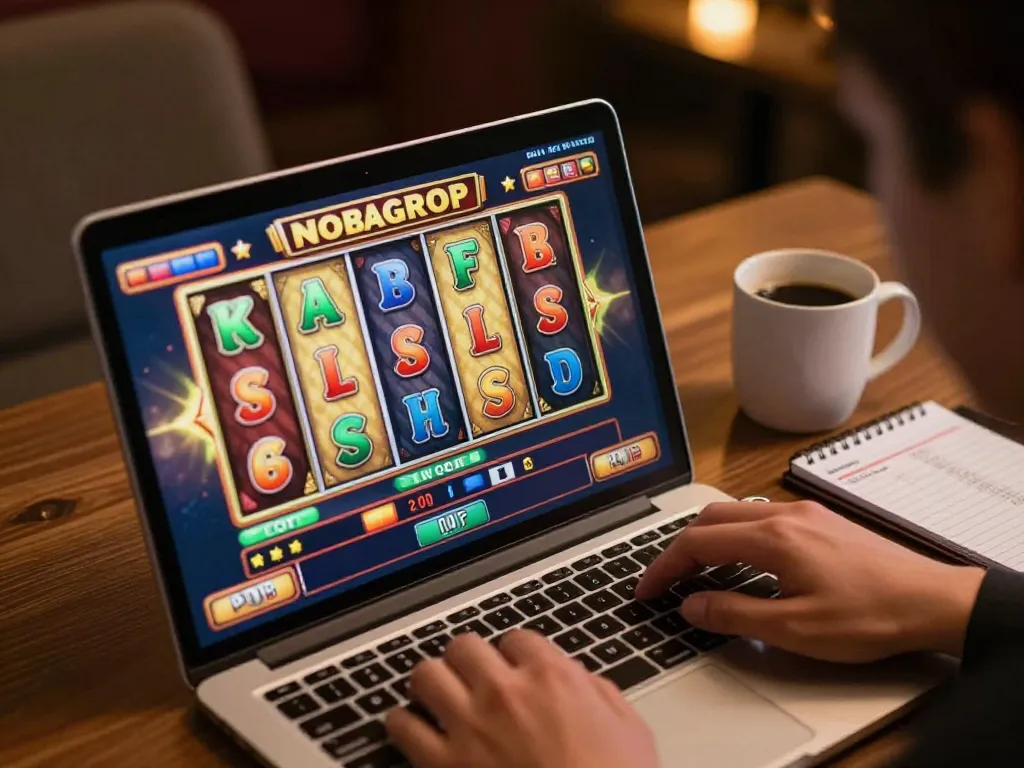 Engaging in slot gacor gameplay on a laptop during a relaxed online gaming session.