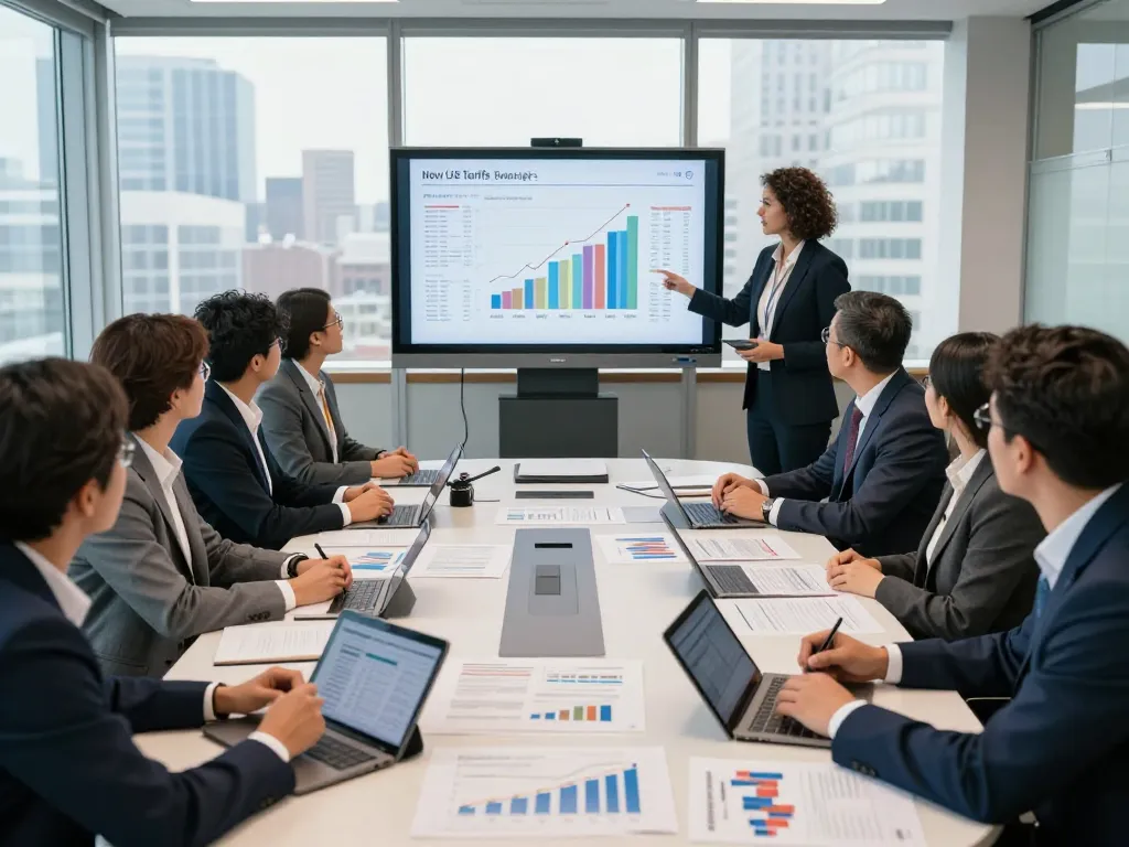Analysts discussing the effects of New US Tariffs in a modern conference room with data projections and reports.