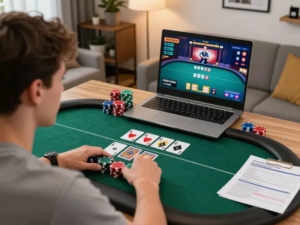 Pemain terlibat yang menavigasi strategi permainan poker paris888 dari rumah, fokus pada permainan yang menang dan taruhan cerdas.