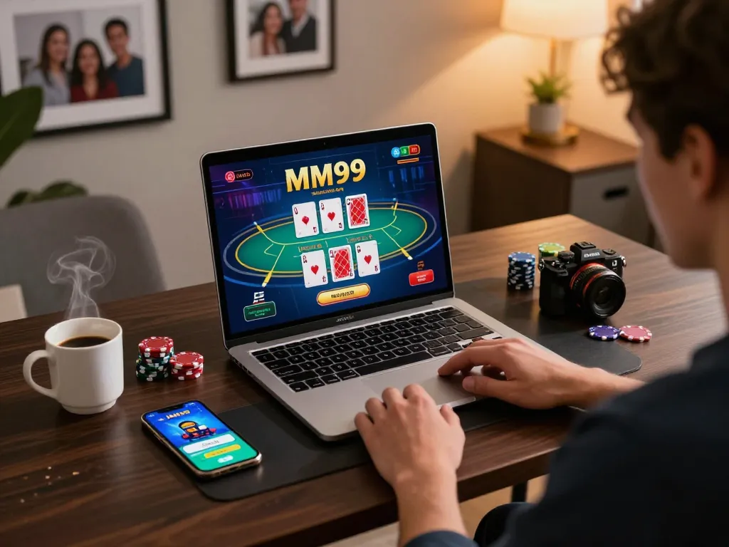 Engaged player utilizes MM99 for online poker, showcasing a strategic home gaming atmosphere.