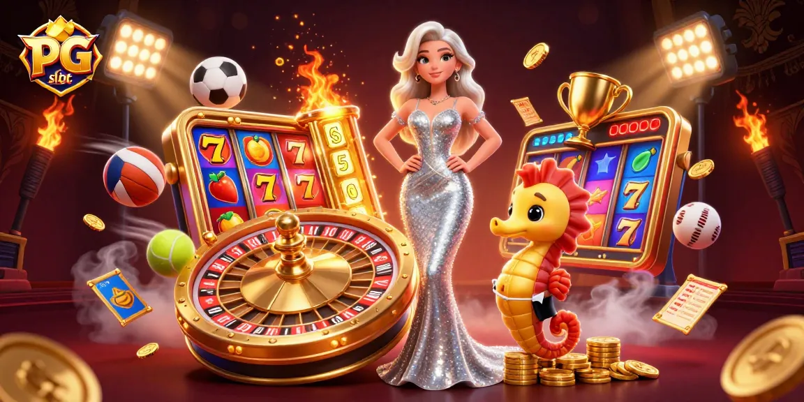 Spin the PG slot reels in a vibrant casino scene with dazzling characters and game elements.