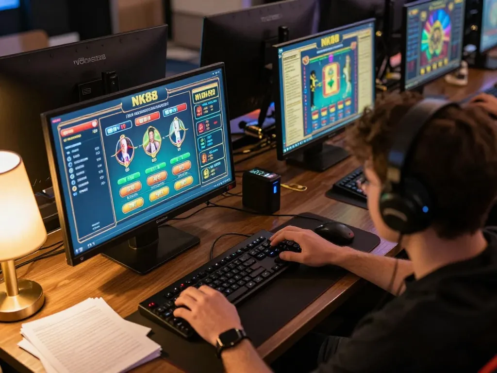 Navigating NK88 online casino games with strategic focus in a cozy gaming setup