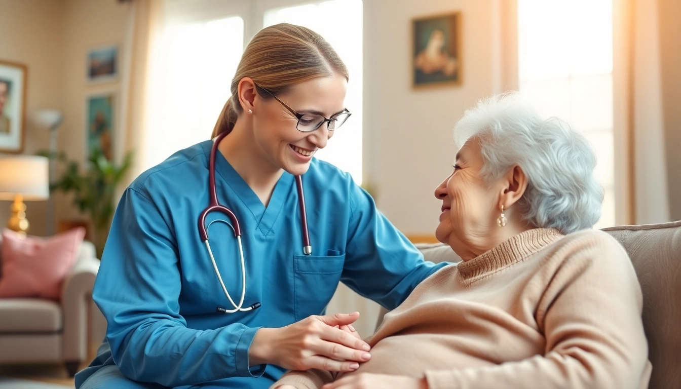Health caregiver supporting an elderly person in a warm living room, showcasing compassion and trust.