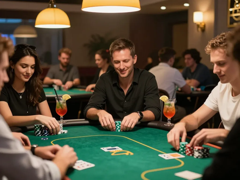 abc8 players engaged in a competitive poker game at an upscale casino table with vibrant decor.