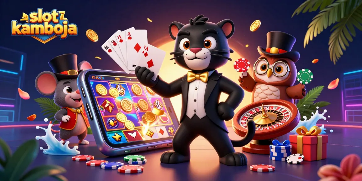 Play thrilling slot kamboja with vibrant casino elements like cards, chips, and smartphone games.