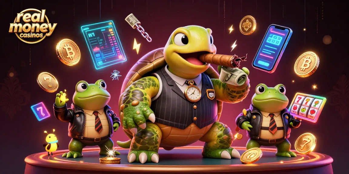 Engage with real money casinos as a cartoon turtle mobster lights up the scene.