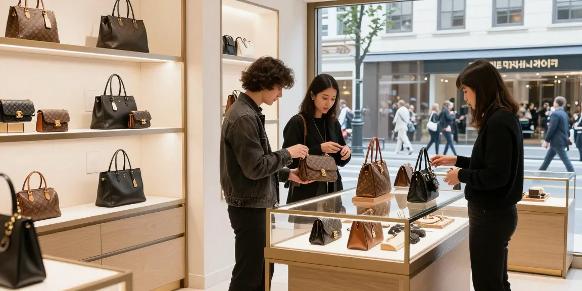 Shopping at a luxury 레플리카 사이트 boutique, exploring high-quality replica products in a stylish urban setting.