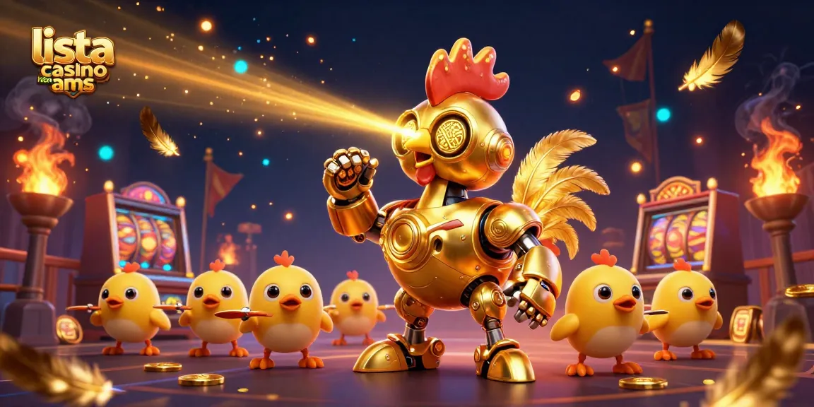 Gioca alla lista casino non AAMS con il robot-gallo dorato e gli effetti di gioco avvincenti.